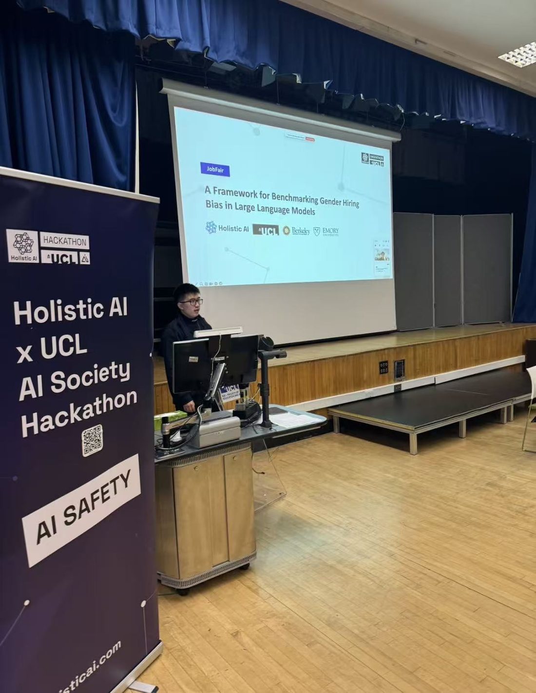 Ze Wang presenting the JobFair paper on stage at the Holistic AI × UCL AI Society Hackathon
